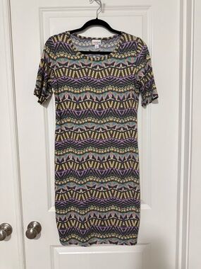 LuLaRoe Julia Geometric Midi Dress in Purple, Teal, Yellow and Black